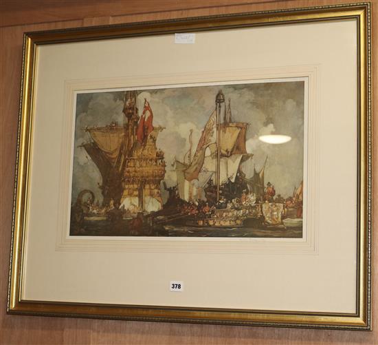 Frank Brangwyn, colour print, galleons at sea, signed in pencil, 37 x 59cm